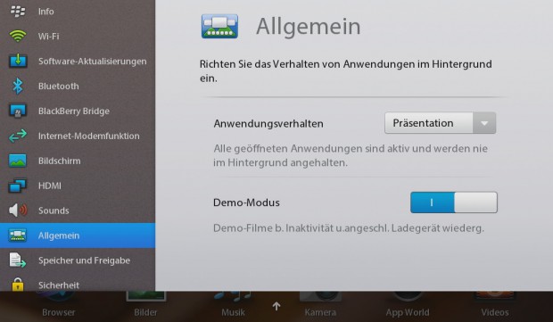 Die Systemeinstellungen des Playbook (Screenshot: Michael Wieczorek)